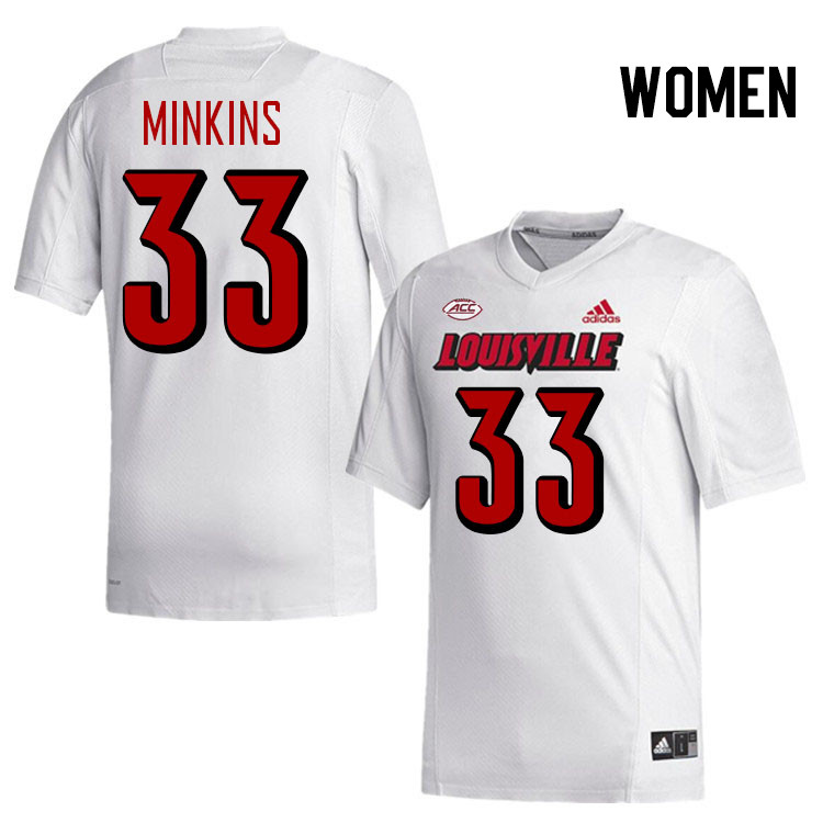 Women #33 Jaden Minkins Louisville Cardinals College Football Jerseys Stitched-White